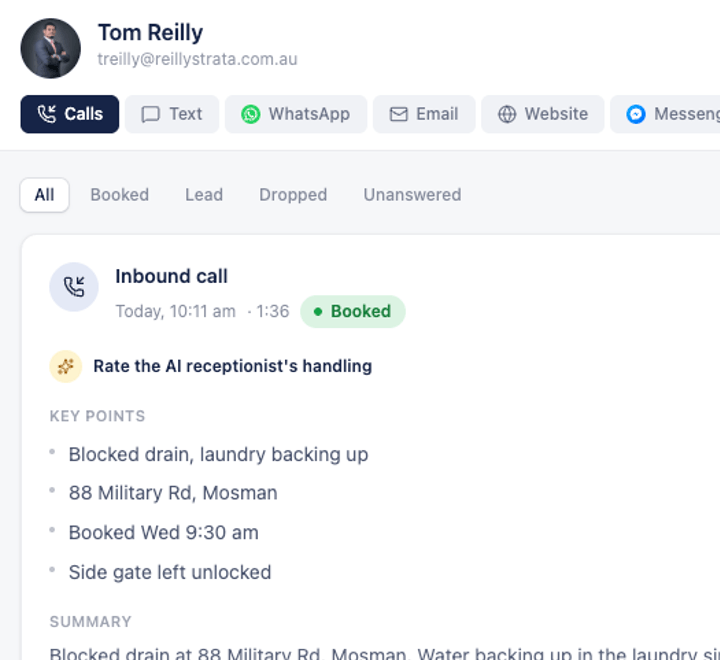 A call in the Tradies Line inbox: the AI receptionist booked Tom Reilly's blocked drain, with the key points and a summary of the call