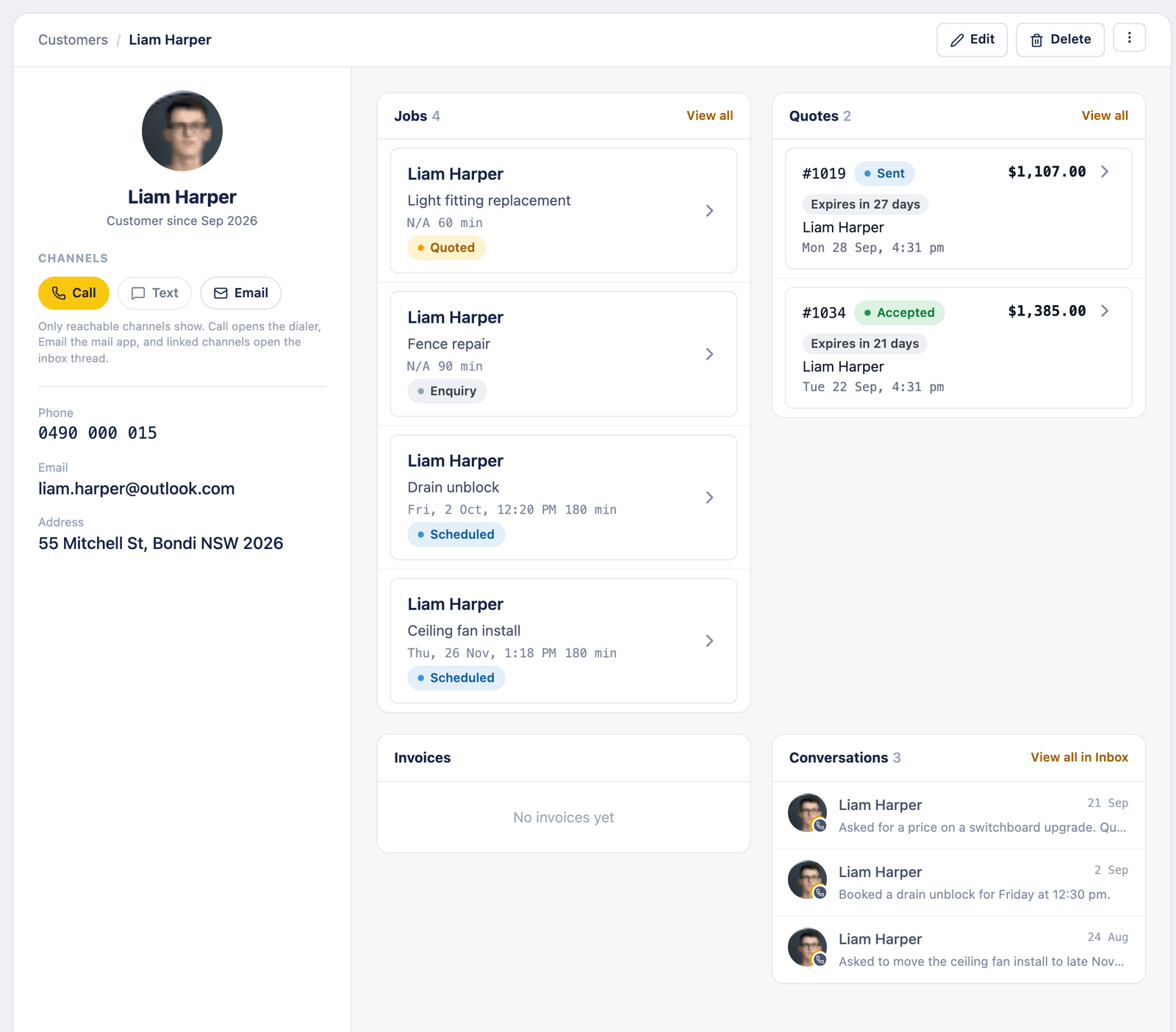 Customer page in Tradies Line for Liam Harper, with his jobs, quotes and conversations on one screen