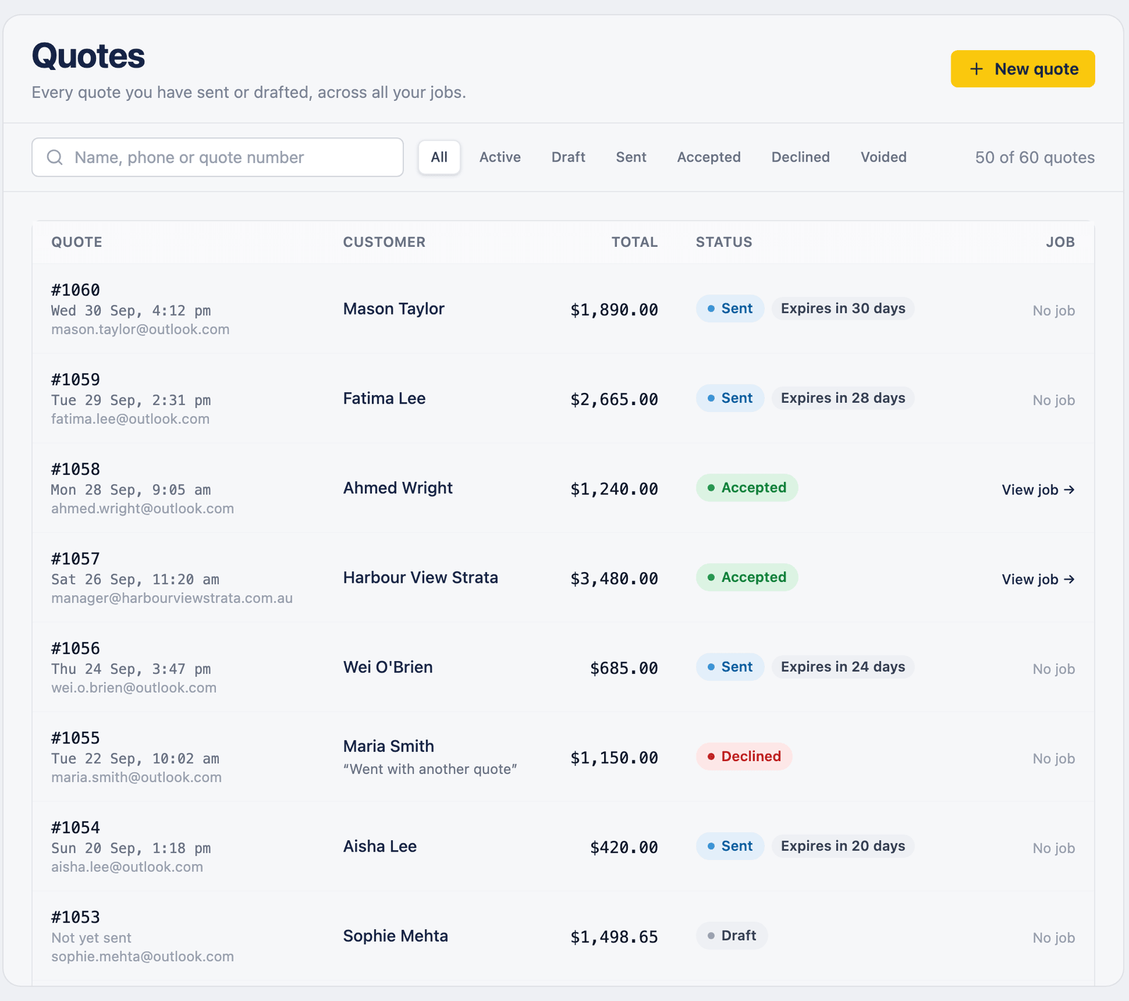 The Tradies Line quotes list: quotes sent, accepted, declined and in draft, with totals, expiry dates and links to the jobs they became