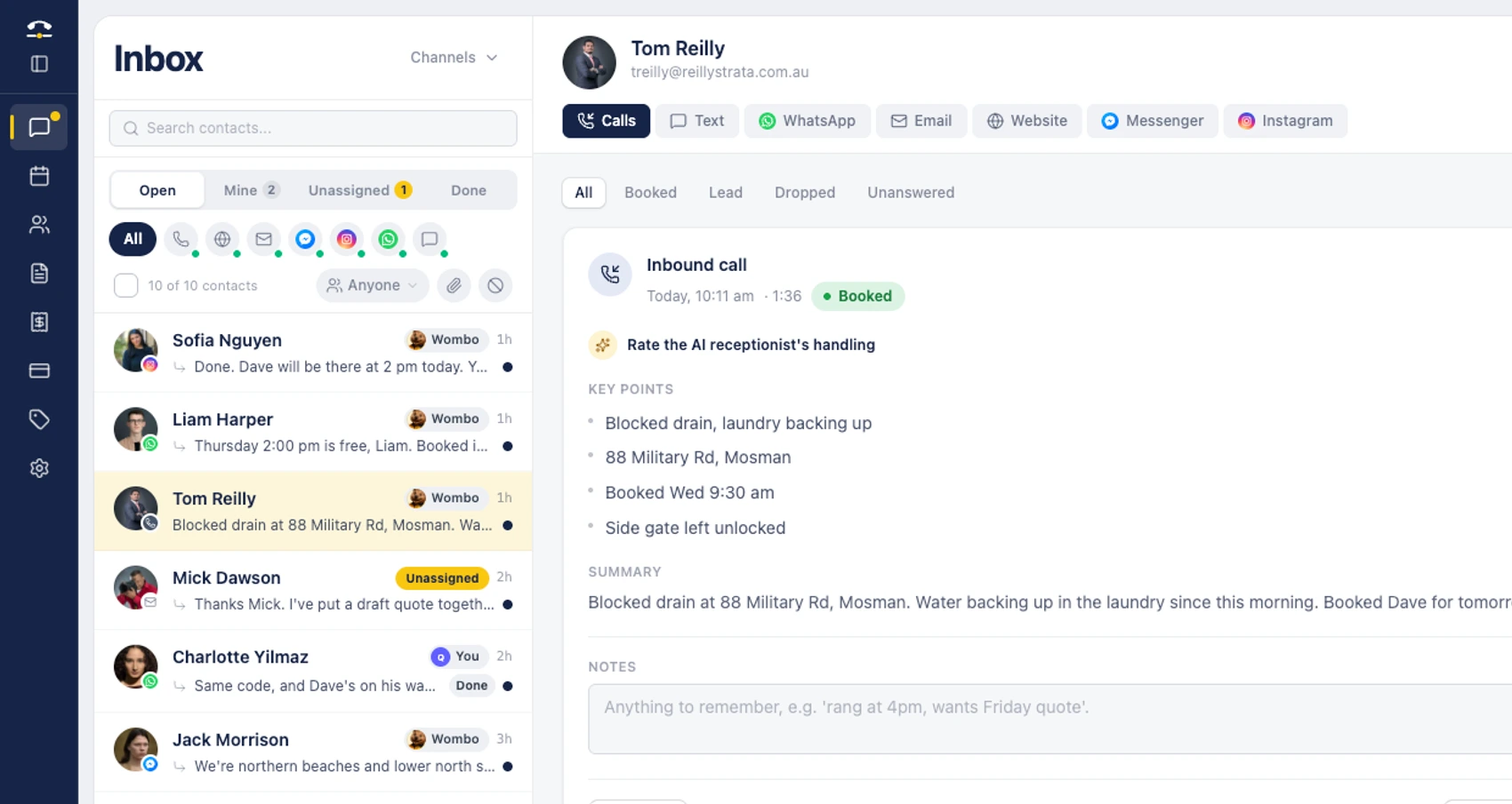 The Tradies Line inbox for a Sydney plumbing business: ten customer threads across calls, texts, email, WhatsApp, website chat, Messenger and Instagram, with Wombo assigned to each, and an answered call showing its key points, summary and transcript.