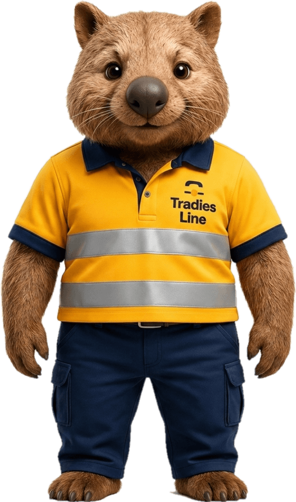 Wombo, the Tradies Line character, in a hi-vis work shirt